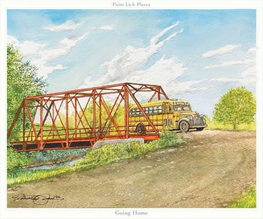"Going Home" 8" x 10" art print of a school bus ride in a bygone era